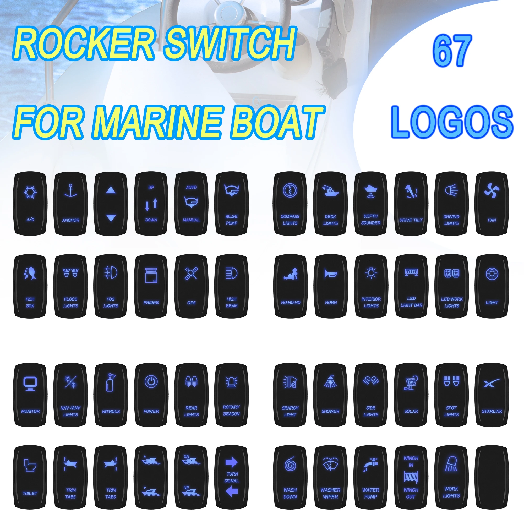 

BANDC Dual Lens Blue Led Rocker Switch 12V 24V DPDT 7pins Trim Tabs Toggle Switch for Carilng Narva Marine Boat SPST 5pins