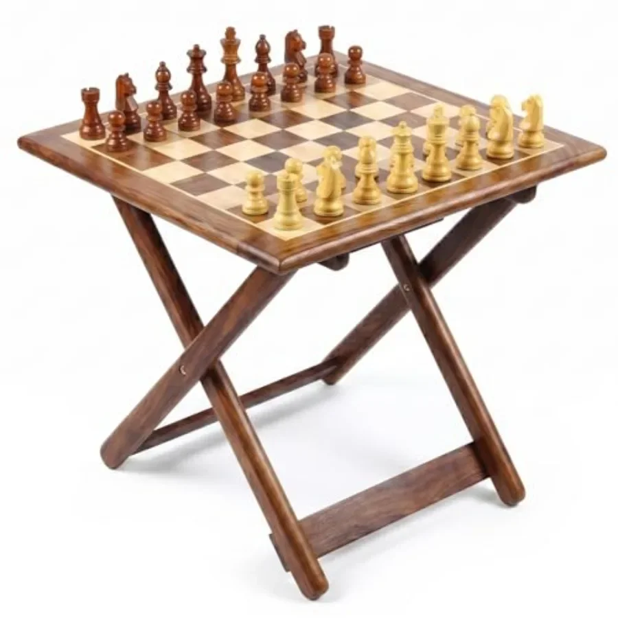 

Travel-friendly 12x12 inch magnetic wooden chess set with folding stand and storage drawer, natural wood tone, brass latch, inc
