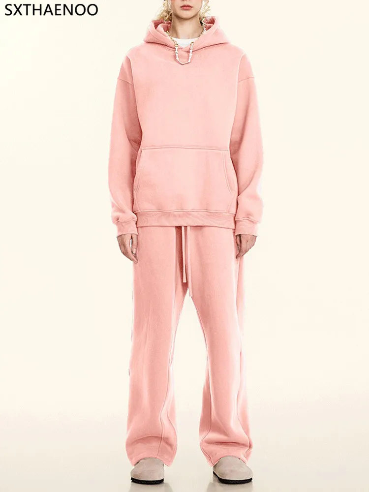 

SXTHAENOO 2026 Autumn Winter 345sm Fleece Straight Pants Men&Woman Unisex Loose Comfortable Sport Solid Trousers Brand Bottoms