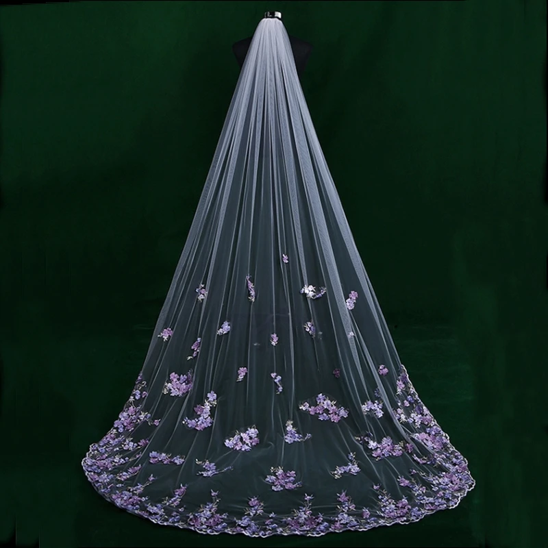 Lilac Purple Floral 3D Wedding Bridal Veils Comb Accessories Beaded Pearls For Brides Embroidered Lace Cathedral Long Unique