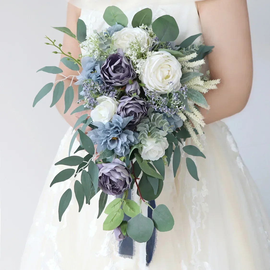 Yannew Blue Casading Wedding Bouquets for Bride Bridesmaids Artificial Flowers Wedding Bouquet Country Wed Bridal Shower Decors