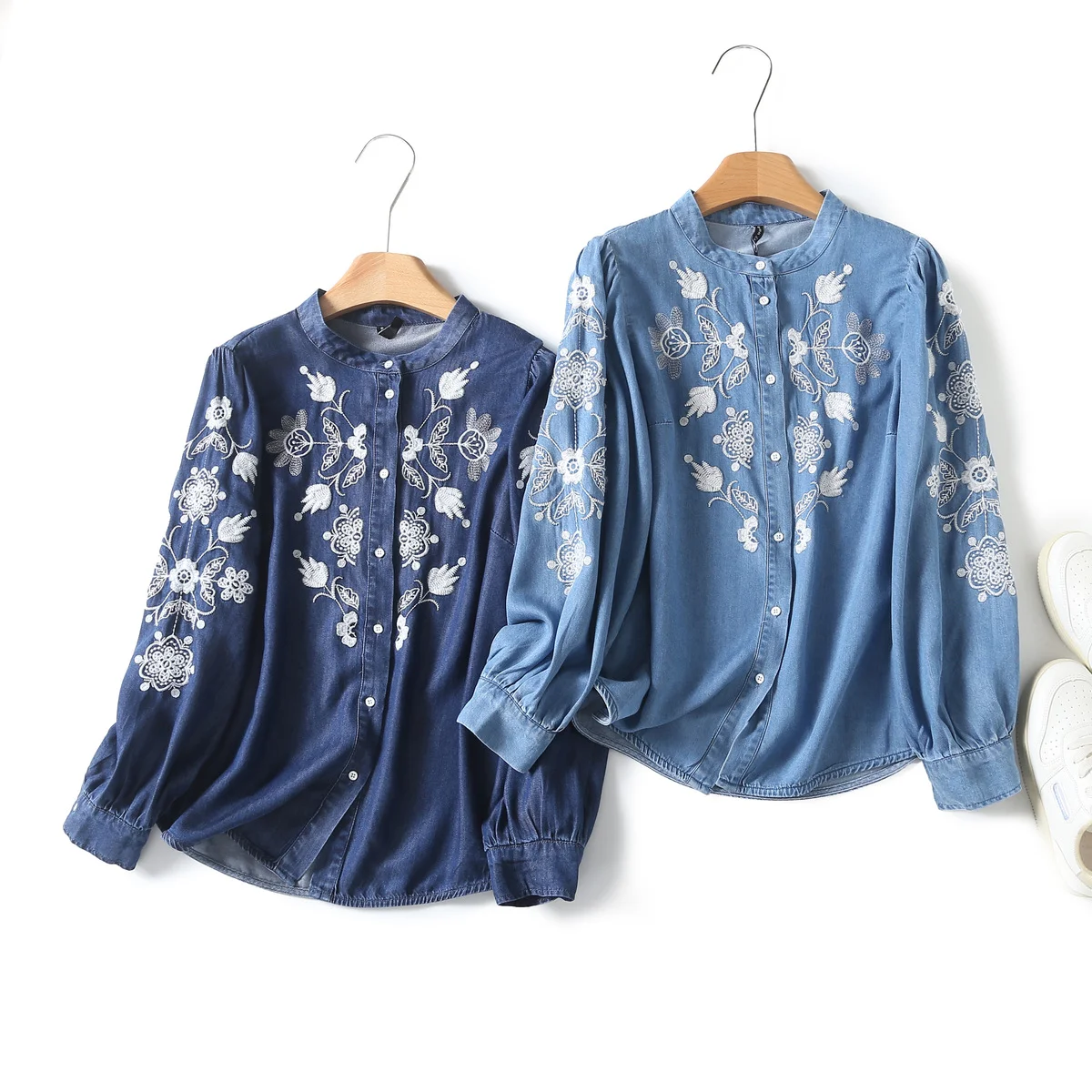 Bohemian denim shirts and blouses for women ethnic floral embroidery denim blouse jean tops youthful woman clothes