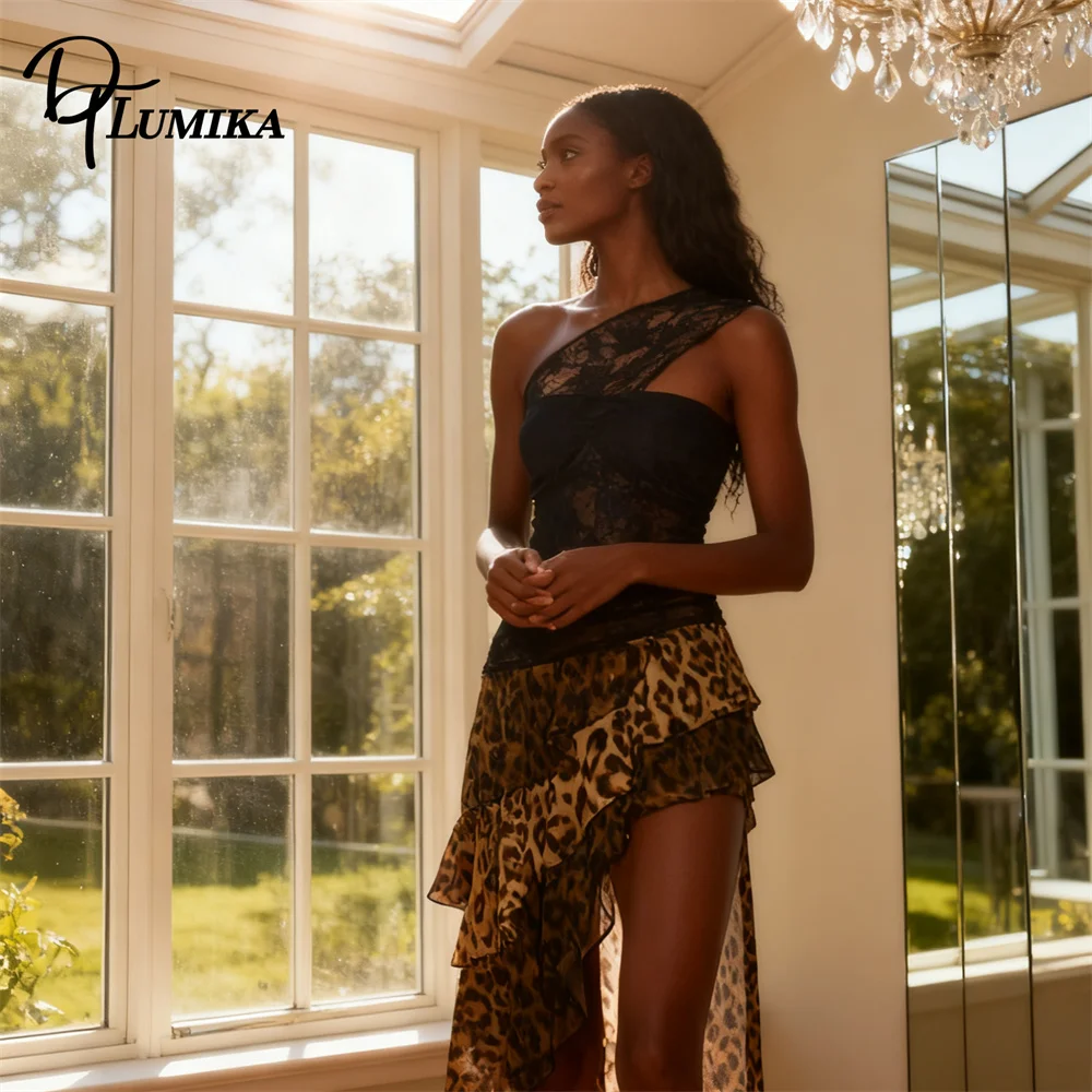 فستان DTLumika Leopard بكتف واحد للنساء، فساتين ماكسي من الدانتيل الأسود غير المتماثل للنساء، فستان كوكتيل شعبي للحفلات الراقصة #4