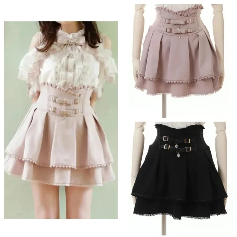 

Japanese Kawaii Mini Cake Skirts Women 2024 Lolita High Waist Y2k Double Bow Pleated Aesthetic Sweet Lace Gothic JK Faldas Skirt