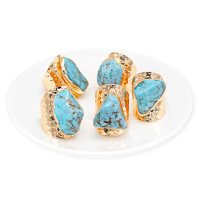 Irregular Turquoise Open Ring for Women Girls Boho Golden Handmade Rough Genuine Stone Finger Jewelry