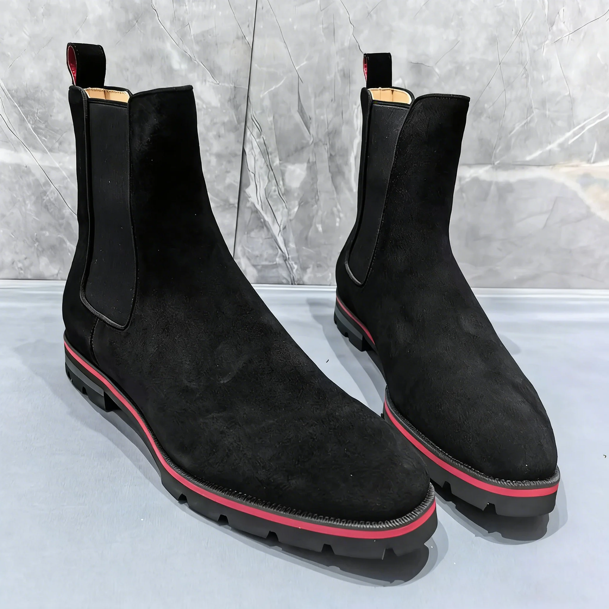 

Men's Black Suede Chelsea Boots Platform Thick Sole Red Trim Ankle Boots Formal Business Wedding Party Casual Male Footwear Big