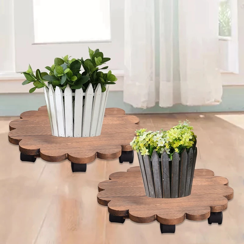 Moveable Wooden Planter Stand With Wheel Round Flower Pot Holder Universal Pulley Easy To Move Flower Pot Tray