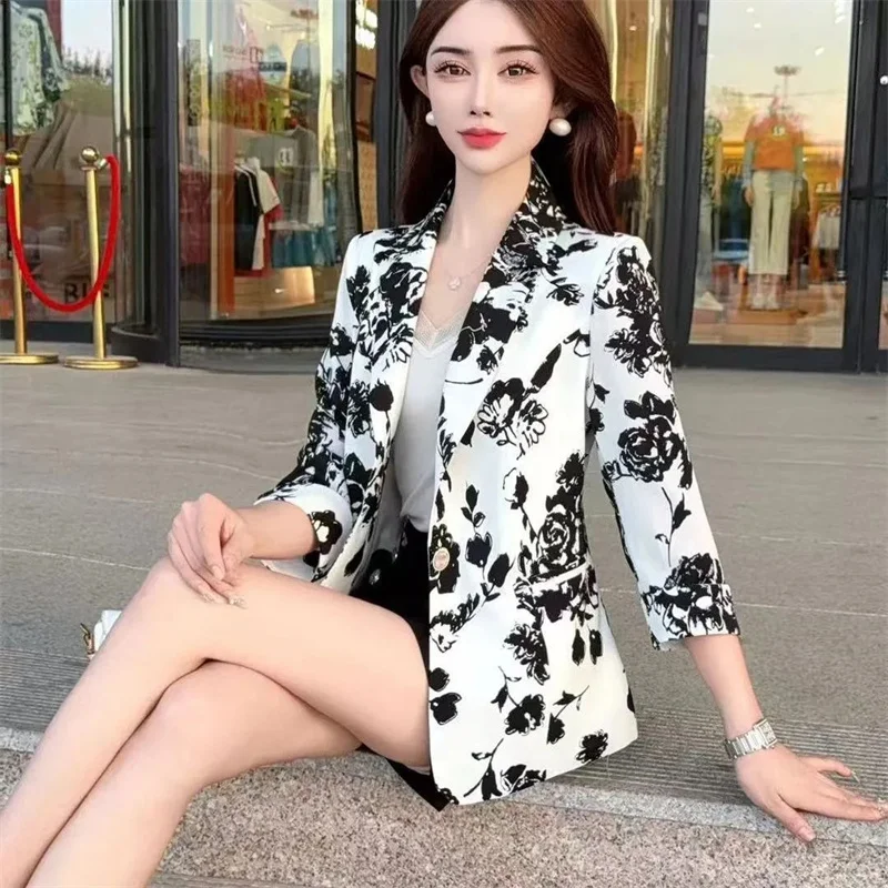 Ladies High-end Patchwork Cardigan Blazer Women Fashion Printed  Casual Suit Jacket Autumn Female Seven Quarter Sleeves Top Coat