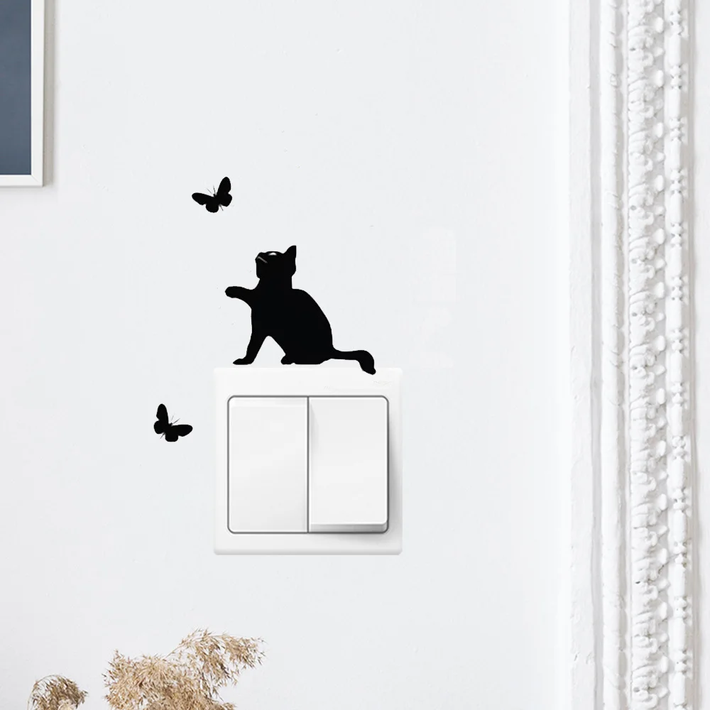 Cute Cat And Butterfly Interesting Switch Sticker Vinyl Switch Decoration Home Decor Decals Waterproof Removable Wall Stickers