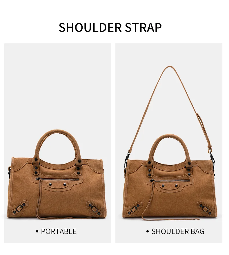Aidrani Echtes Leder Amerikanische Retro-Wildleder-Handtasche für Damen, Große Motorradtasche, Hochwertige Pendler-Handtasche – Detail 5
