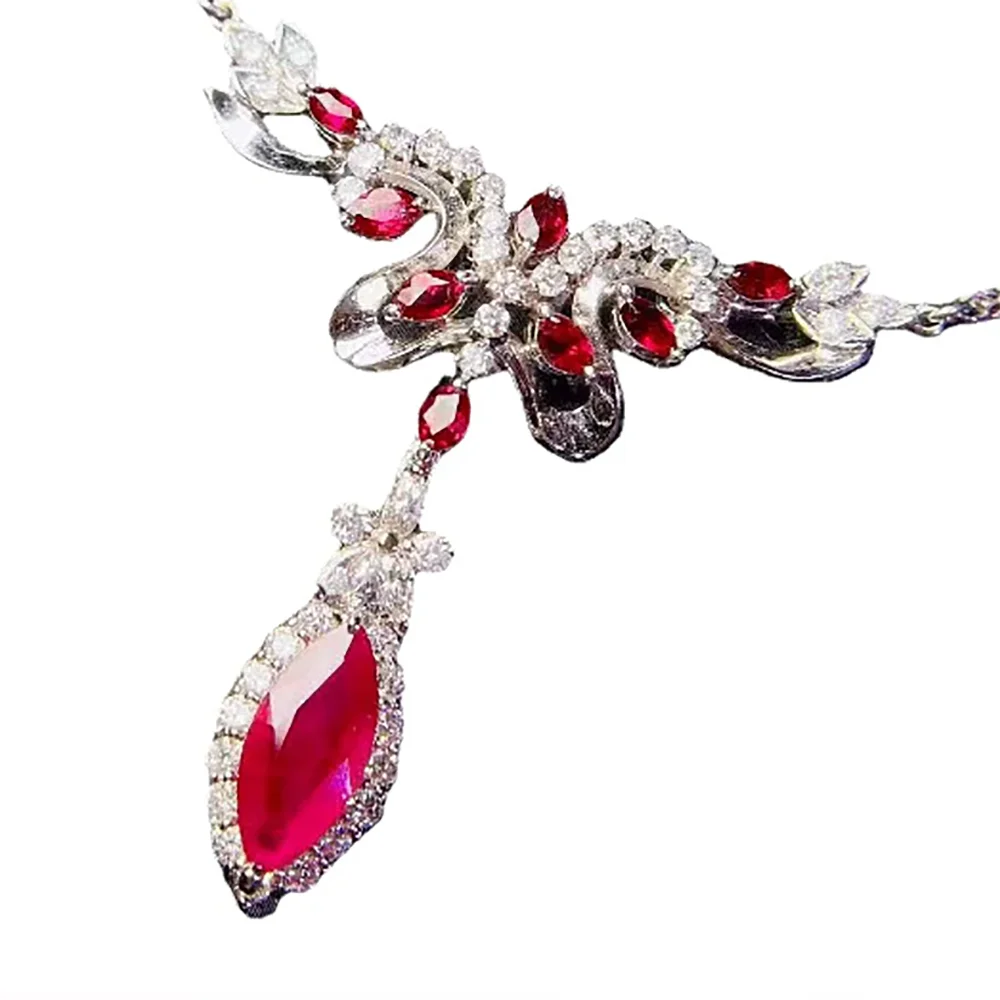 Luxury Noble Rupee Synthetic Ruby Jewelry Silver Color Pendant Designer Necklace