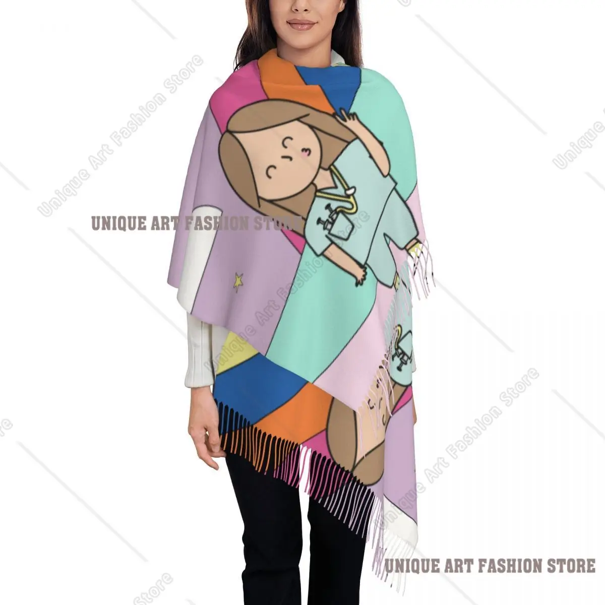 Custom Stylish Cartoon Doctor Nurse Printed Tassel Scarf Women Winter Fall Warm Shawls Wraps Lady Scarves