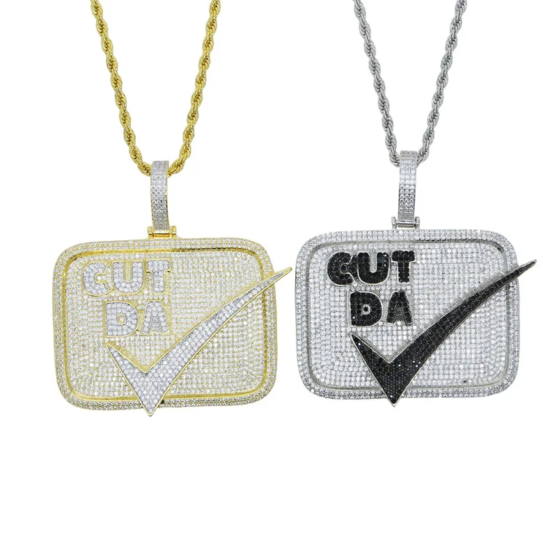 Hip Hop 5A+ CZ Stone Bling Ice Out Geometric Square Pendants Necklace for Men Rapper Jewelry Gold Silver Two Tone Color
