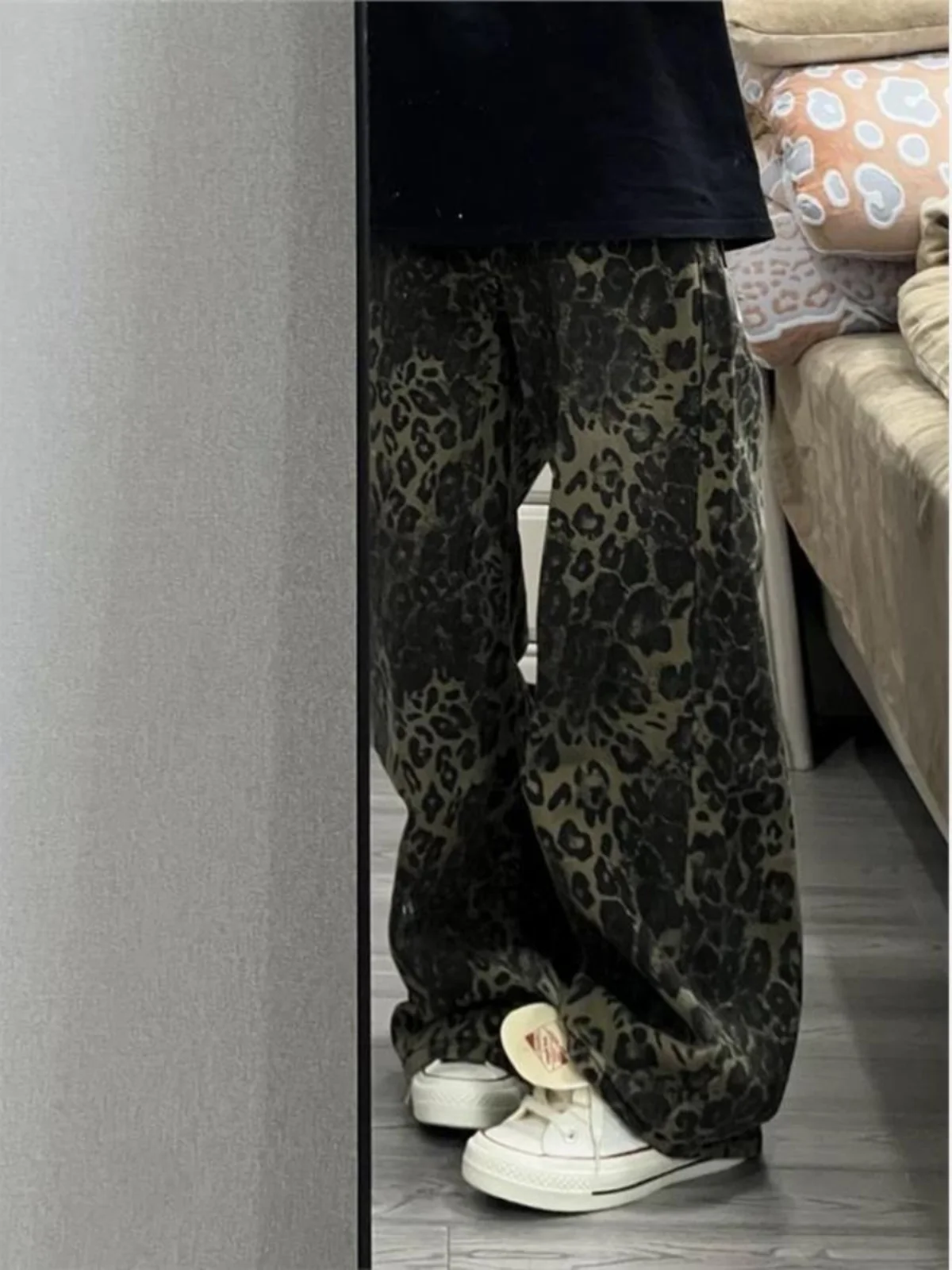 アメリカンレトロヒョウ柄ワイドレッグカジュアルパンツ女性用サマー新作ホットガールハイストリートルーズスリムハイウエストストレートレッグトラウザーズ