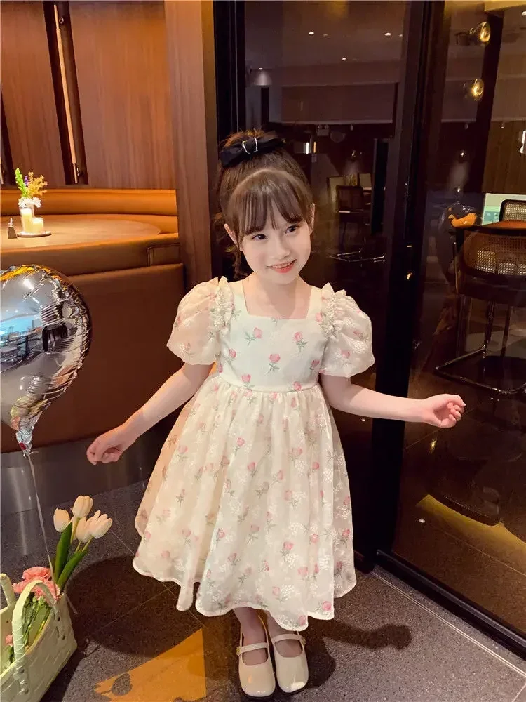 Sommer Mädchen 1–8 Jahre Blumenrosen Prinzessin Kleid Spitze abgestufte Schleife hinten Perlenakzent knielang Party Geburtstagsfeier – Detail 21
