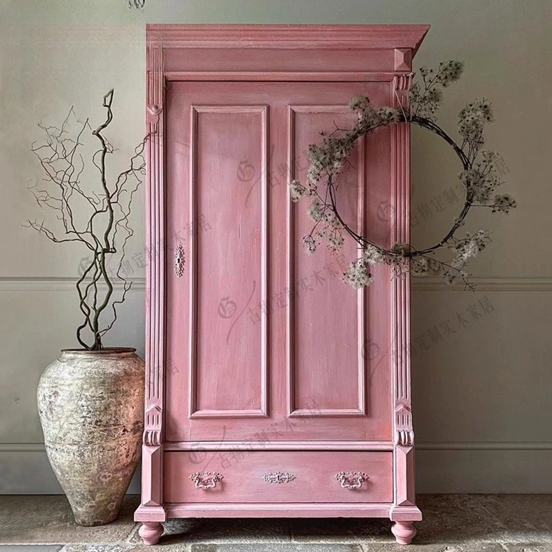 retro solid wood wardrobe/pink carved wardrobe/personalized two-door locker/classical large wardrobe/customizable