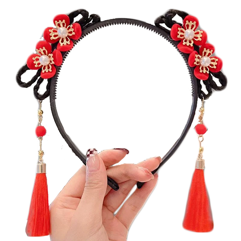 Hanfu perruque bandeau fleur rouge nœud papillon gland 2026 CNY Style chinois ancien nouvel an chapeaux enfants