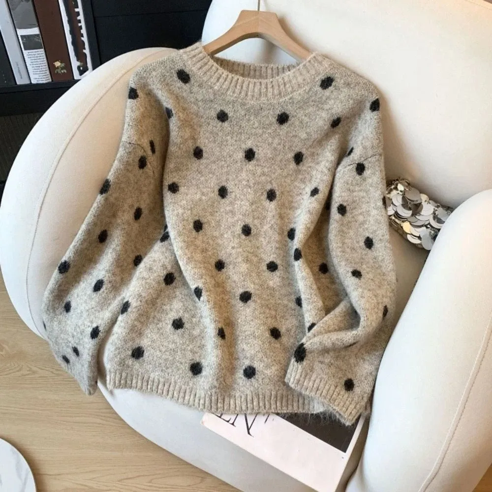 

Fashion Long Sleeve Knit Short Sweater Autumn Soft Dot Crochet Knitwear Women Top Loose Sweet Girl's Pullover Women