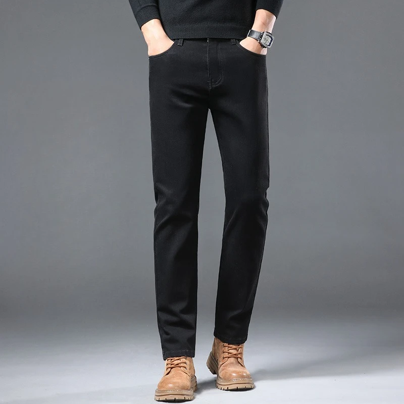 الخريف الشتاء أسود رمادي سميكة الجينز رجال الأعمال سليم صالح مستقيم سراويل تقليدية بنطلون عالية الجودة الرجال السراويل الطويلة #4