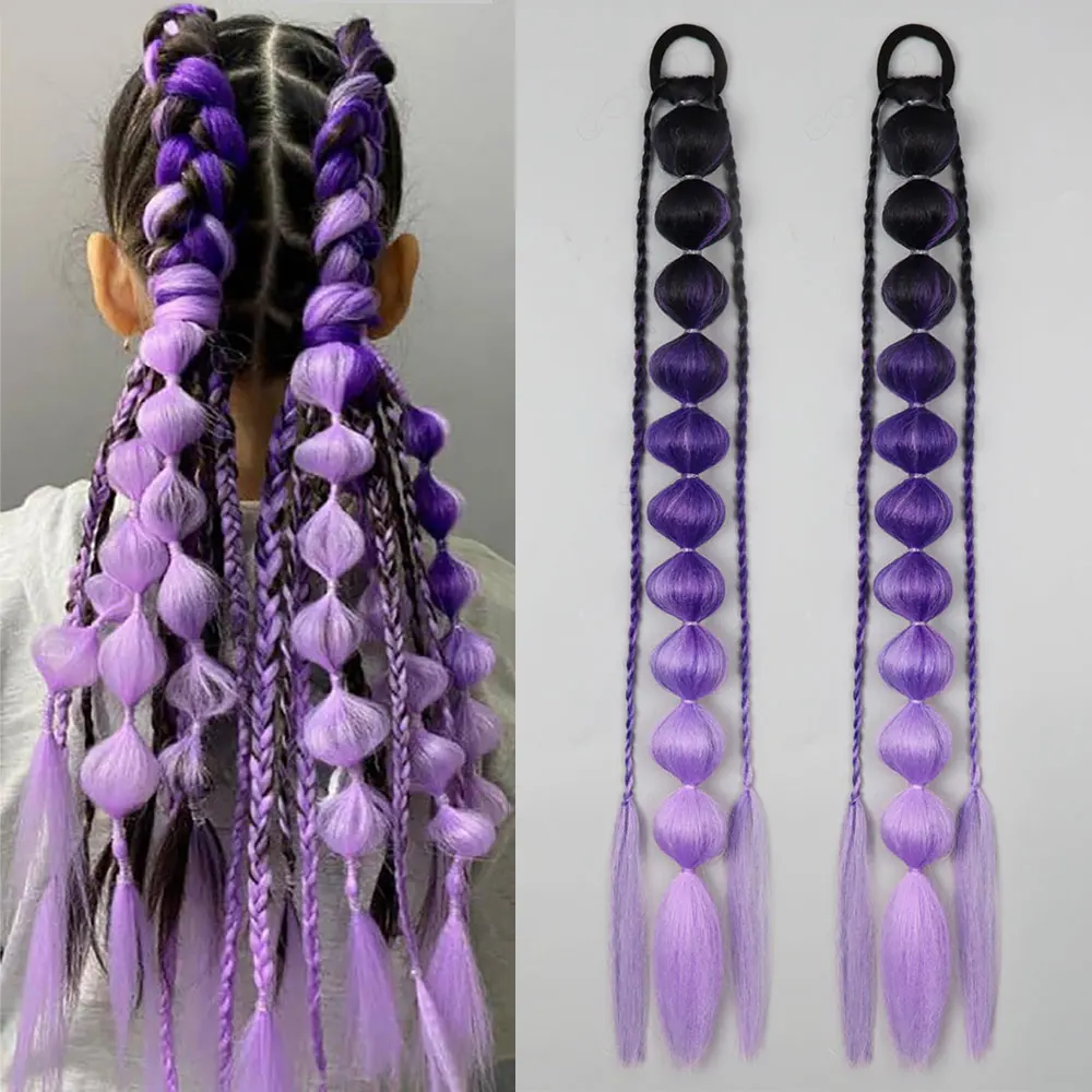 2PCS Colorful Synthetic Bubble Ponytail Extensions 24inches Lightweight Braided Hair Festival Rave Accessories for Girl Crazy