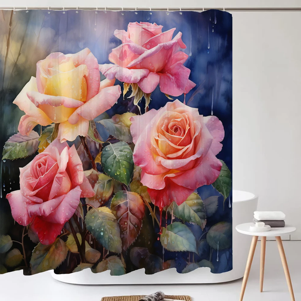 Watercolor Flowers and Roses Shower Curtain Bathing Partition Curtain Romantic Bathroom Curtain Polyester Bath Curtain With Hook