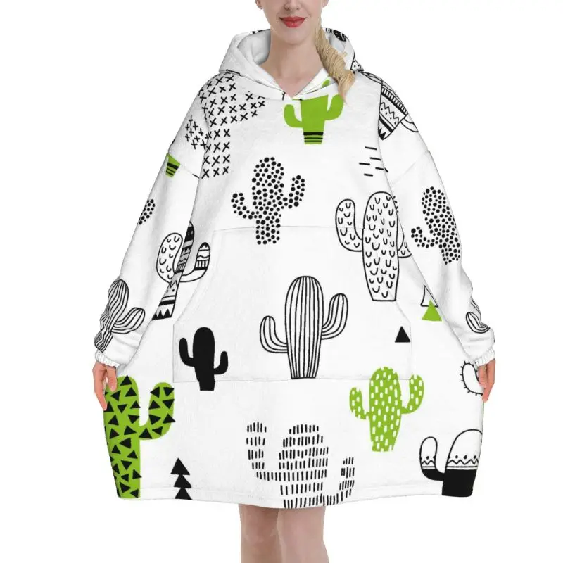 Cactus Blanket Hoodie Gifts for Cactus Lovers Women Oversized Sweatshirts Hooded Blanket Fleece Wearable Blankets with Pockets