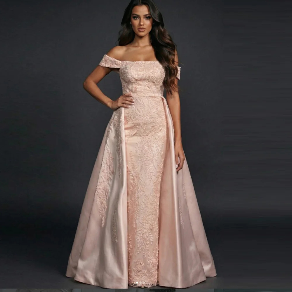 

Customized Pink Engagement Evening Dress with Detachable Train Floral Lace Off the Shoulder Dresses Satin Bead vestidos de gala