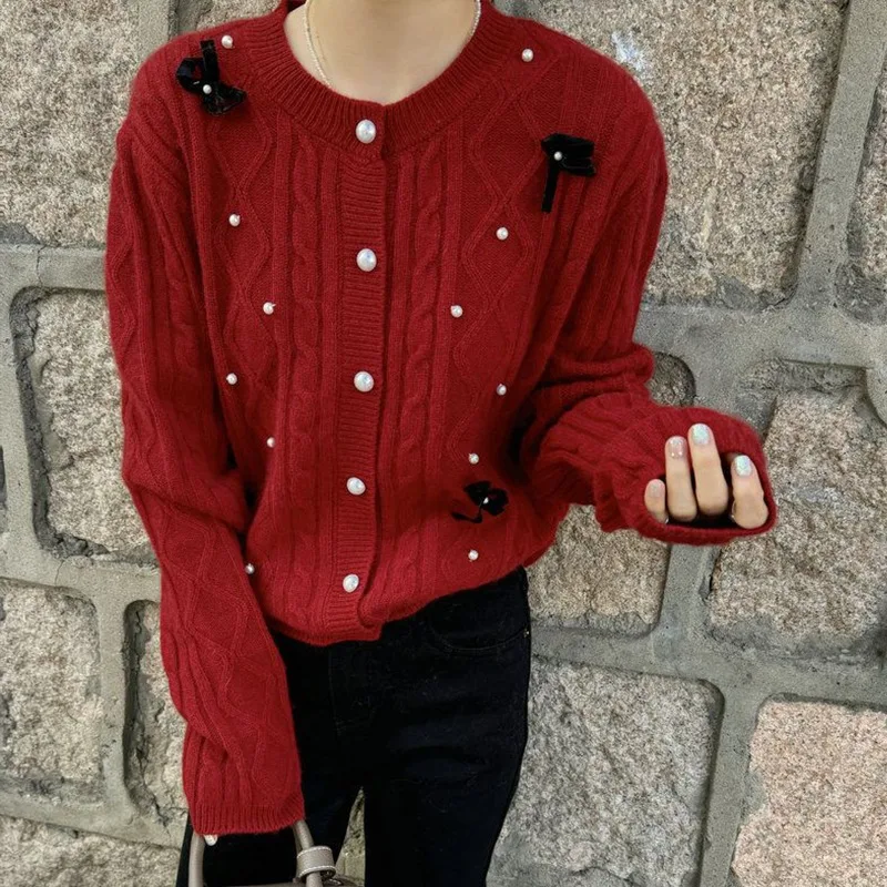 

Autumn and Winter New Sweet Round Neck Heavy Industry Beaded Bow Knitted Cardigan Women's Fashion