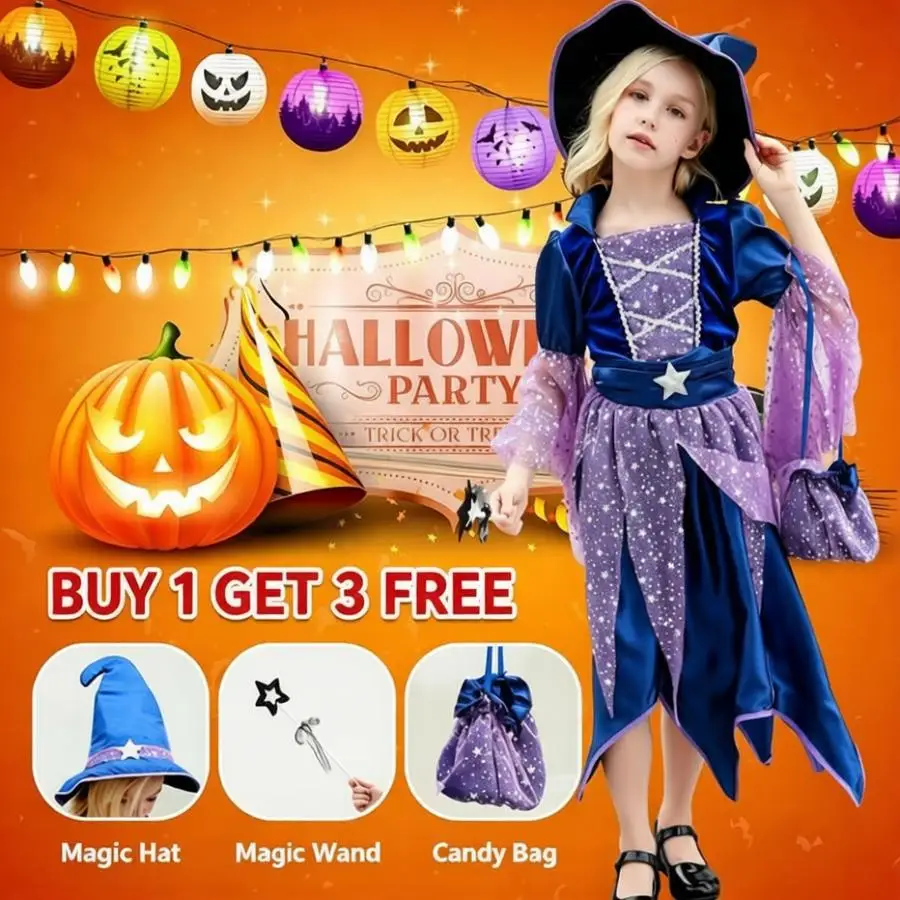 Halloween Girl Plays Witch Blue Cute Dress and Comes With Witch Hat Magic Wand Bag Four-piece Set Birthday Party Carnival Dress