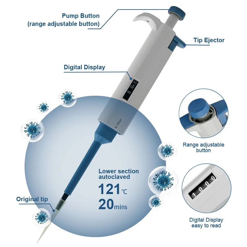 Laboratory Pipette Plastic Single Channel Digital Adjustable Micropipette Accurate Transfer for Chemistry Lab Equipment