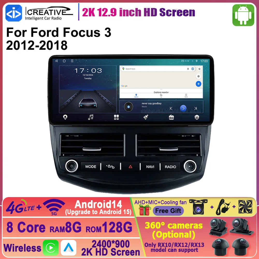 12.3 inch 2K HD Sscreen Android 14 Car Radio For Ford Focus 3 2012-2018 Intelligent System Carplay Auto Radio Multimedia Player