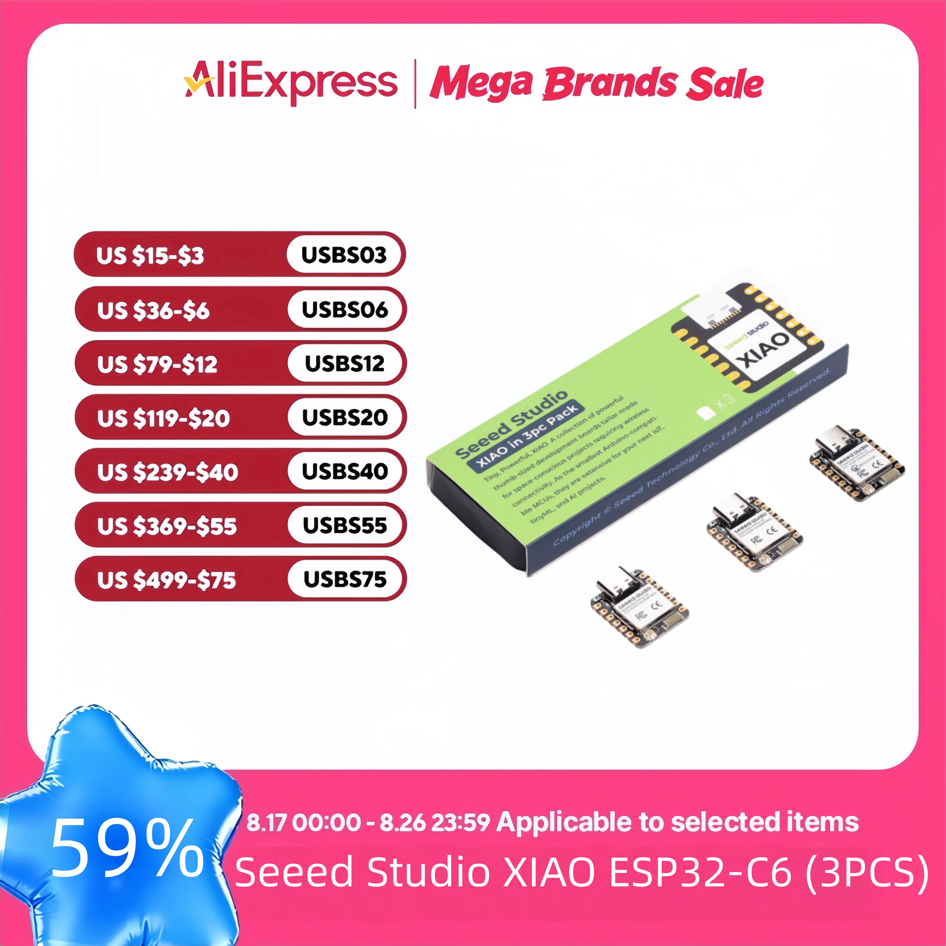 ESP32C6 Mini Development Board XIAO ESP32 C6-2.4 GHz WiFi6,BLE5.3,Zigbee Thread (802.15.4)ESP Rain Maker,AWS IoT,Microsoft Azure