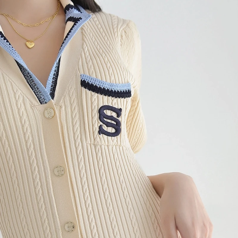 

Puff Sleeve Embroidered Dress with Short Sleeves V-neck Knitted Skirt Temperament Beige Single-breasted25 Early Autumn New Style