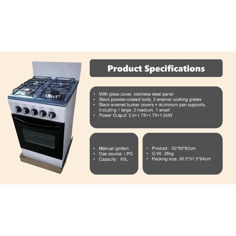 Gas Oven with Integrated Upright Liquefied Petroleum Gas Tank and 4 Burners Enamel Material Independent Burner