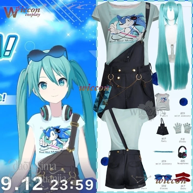 

New Semester Costume Cosplay Mikkuu Kawaii Overall Shorts Game Project Sekai Cartoon Print T-shirt Wig Christmas Halloween