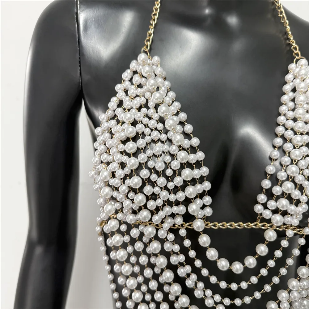 Débardeur élégant avec pompon en perles pour femmes, Sexy, chaîne en métal, dos nu, décolleté en V profond, col licou, Camisole, Festival d'été, fête, haut court