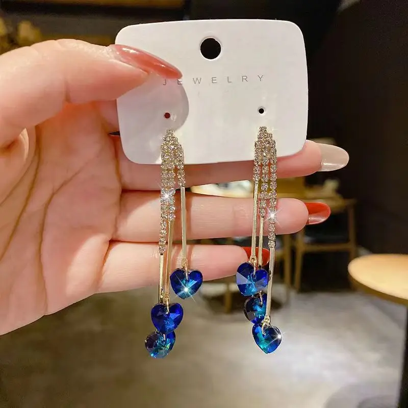 korean style personalized elegant diamond studded heart and pearl tassel earrings luxurious trendy stylish eye catching women fa