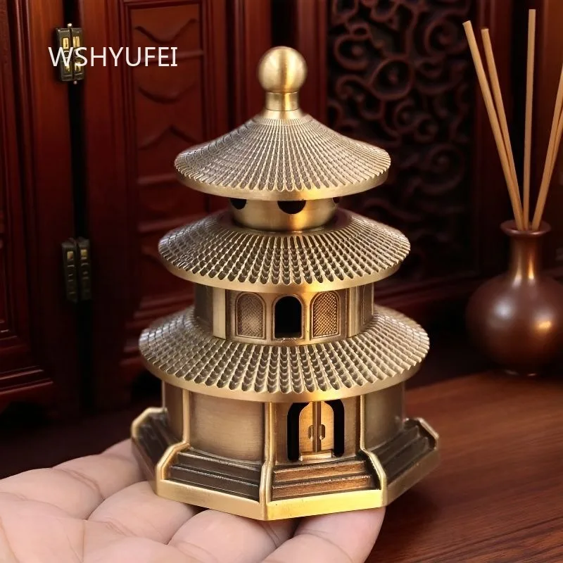 Chinese Temple Pagoda Incense Burner Vintage 3 Tier Tower Shape Metal Censer Tea Room Sandalwood Incense Holder Decor Ornament