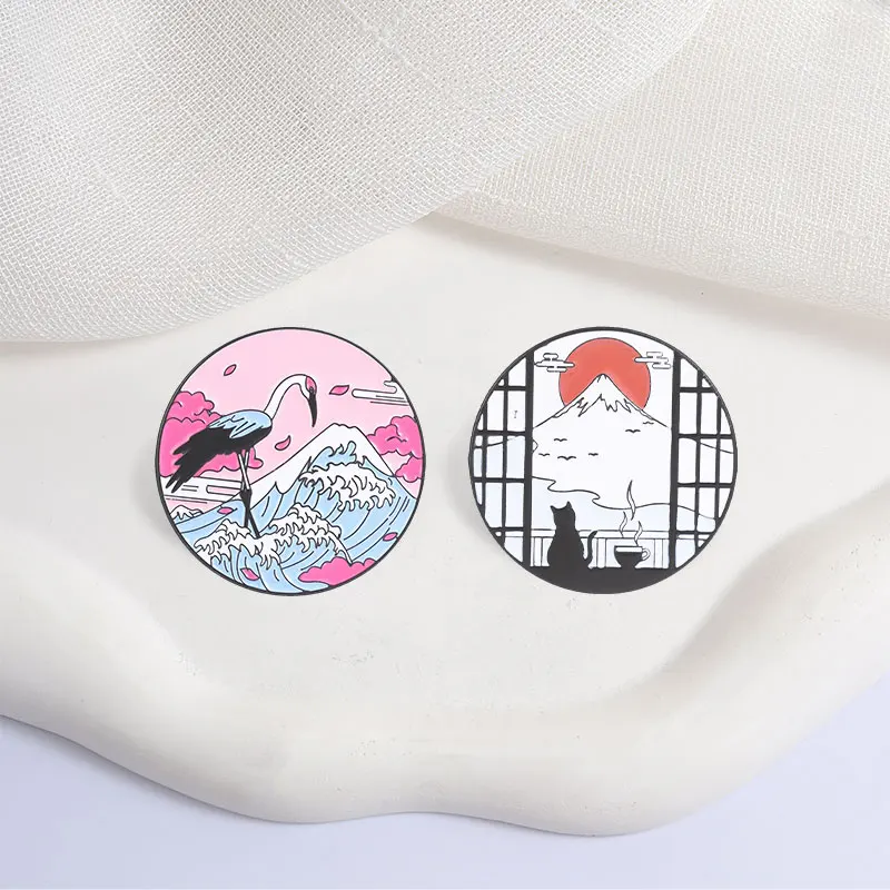 Cat And Crane Design Enamel Pins Japanese Landscape Fuji Mountain Metal Brooches Fashion Lapel Badge Backpack Clothes Jewelry