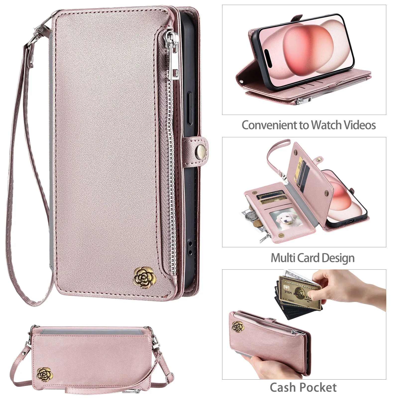 Casing Dompet Ritsleting Selempang untuk Motorola Moto G86 G56 G85 G55 G35 G15 G05 G84 G54 G34 G24 G14 Sampul 3 Kartu Kulit Camellia