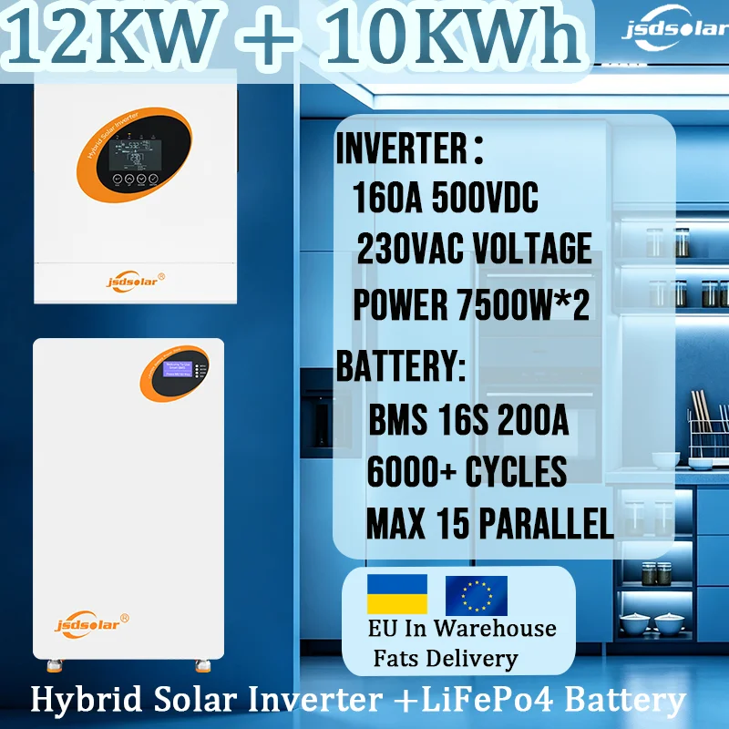 Jsdsolar 12Kw Hybrid Solar Inverter 160A 48V 500Vdc 230Vac Pure Sine Wave 7500W*2 Mppt Inverter 10Kwh Lifepo4 Solar Mobile Battery 6000+ Cycles 51.2V Bms 16S 200A 165 Grade a Cell Can Rs485 Max 15 Parallel 5 Year Warra