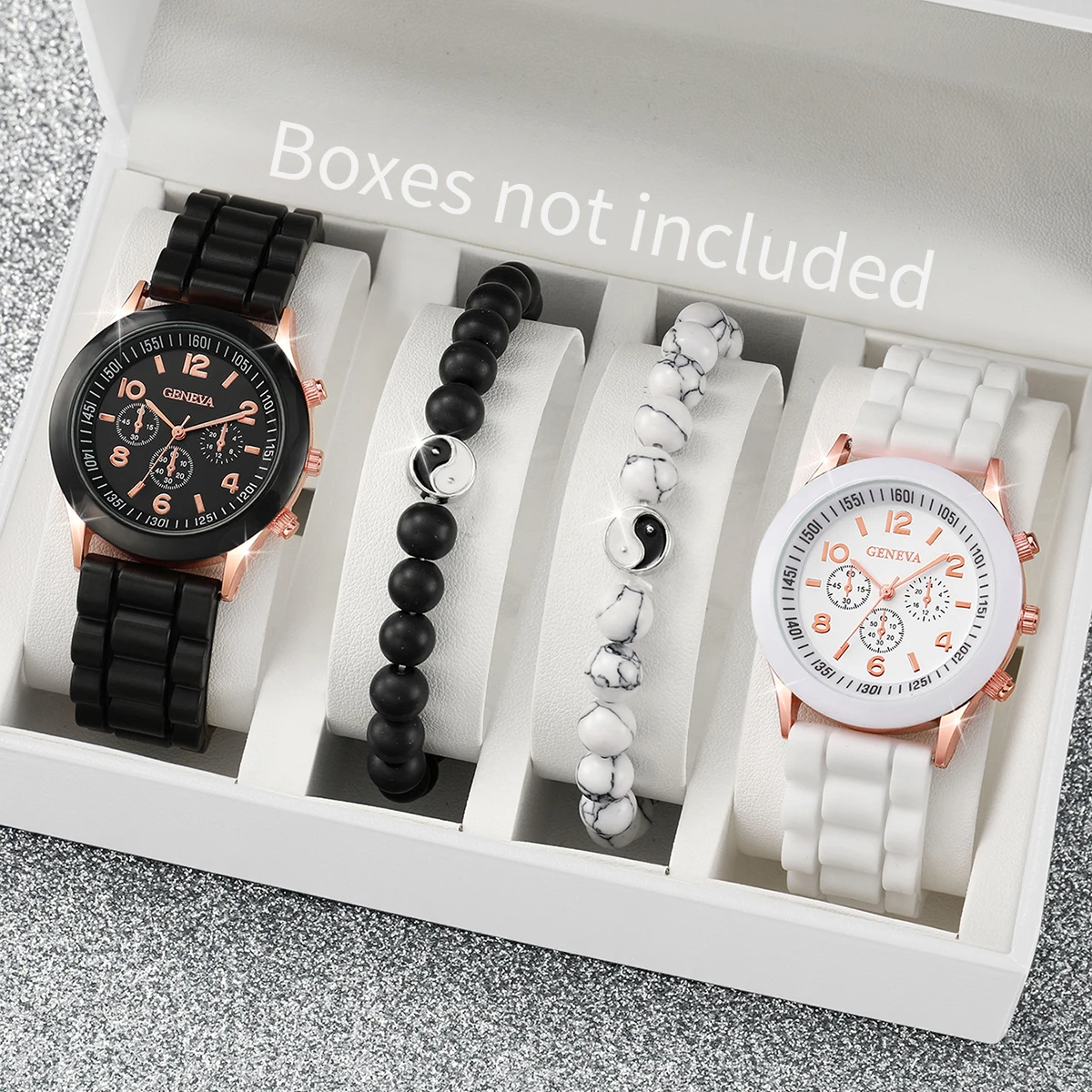 4PCS/Set Women\'s Fashion Watch Silicone Strap Couple Quartz Watch With Black White Bagua Beaded Bracelet