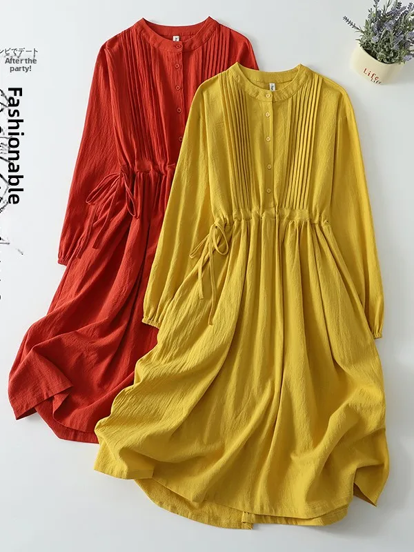 Casual Cotton Linen Long Sleeve round Neck A-Line Shirt Dress Women Spring Autumn Drawstring Waist Loose Big Hem Gown Dress