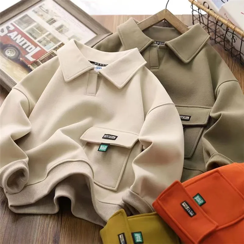 

Модный свитшот для мальчиков, весенне-осенний детский пуловер с откидной шеей и головой, детские повседневные спортивные топы, однотонная спортивная одежда для подростков