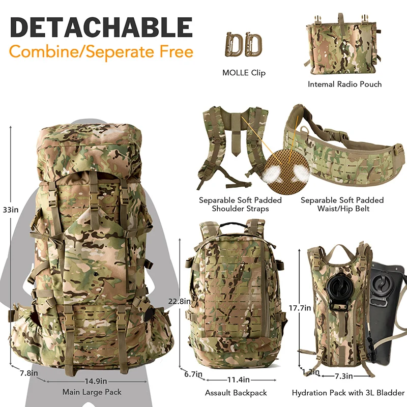 Military Army Large Rucksack ILBE Tactical Assault Backpack with Hydration Pack Shoulder Straps and Waist Belt Multicam