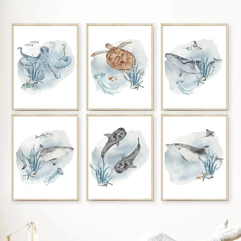 Posters and Prints Whale Fish Shark Octopus Turtle Sea Animals Nursery Wall Art Canvas Painting Pictures Baby Kids Room Decor