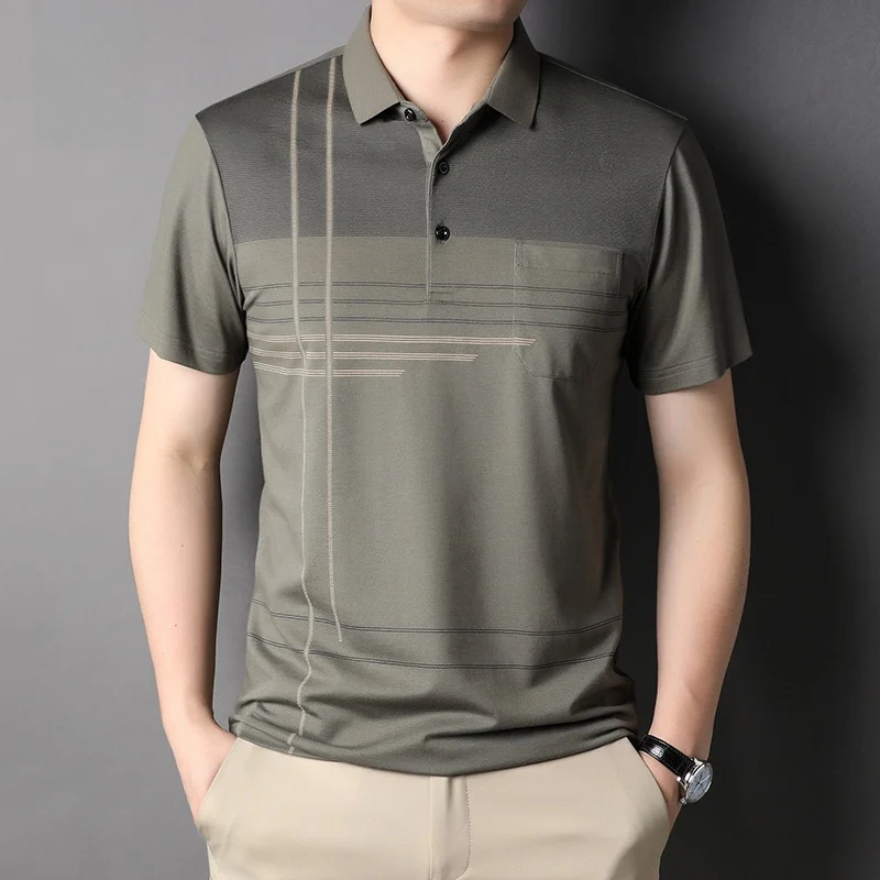 

Men's Ice Silk Short Sleeve Shirt Collared T-Shirt with Pocket Mid-aged Summer Fashion Dad Clothing Polyester Fiber