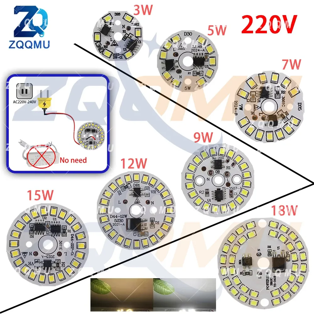 5PCS LED Chip AC 220V 3W 5W 7W 9W 12W 15W 18 Driverless SMD 2835 PCB LED Light Board Power Supply Ceiling Light Kit Downlight