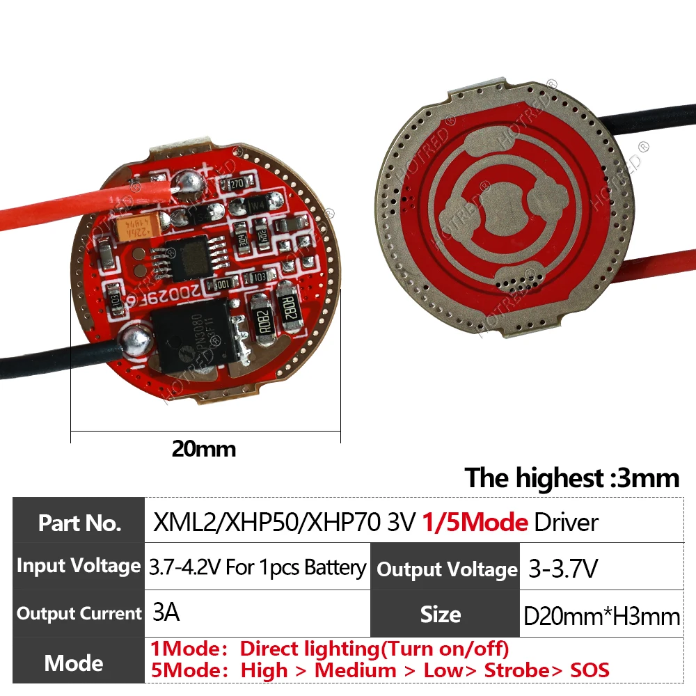 LED懐中電灯用回路基板,電源,3v,xhp50,xhp70,xhp90,DC3-3.7 v,3a,5a,8a,20mm, 1/5モード,5050-l2,10w,20w、30w、40w