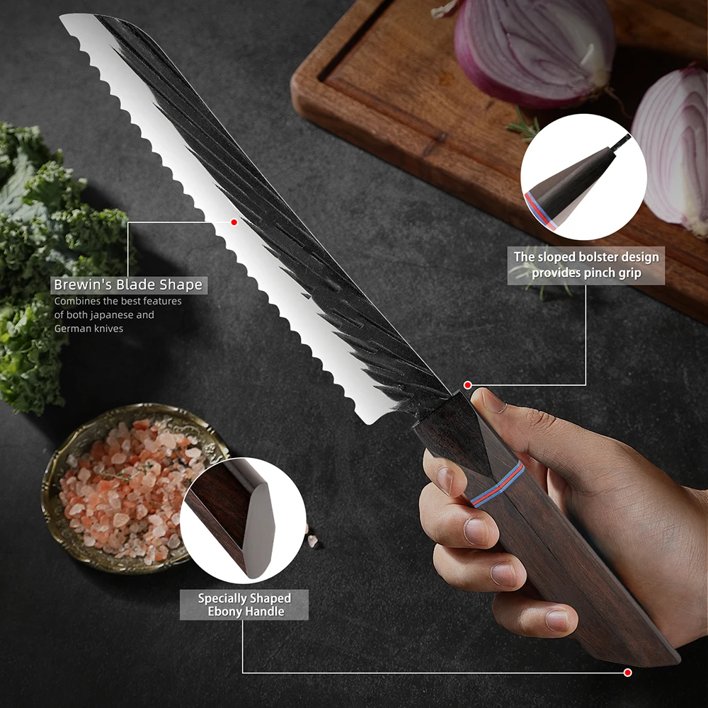 Cuchillo de pan forjado hecho a mano, rebanador de queso japonés de 8 pulgadas, cuchillo dentado para pastel, acero inoxidable de alto carbono, mango de ébano